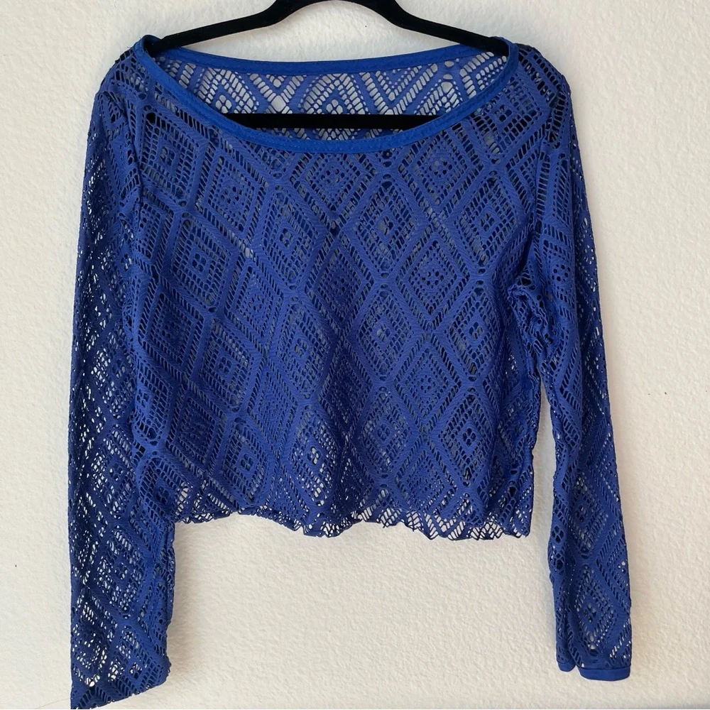 Blue Crochet Lace‎ Crop Top Long Sleeve Festival Boho Beach Coverup Cropped